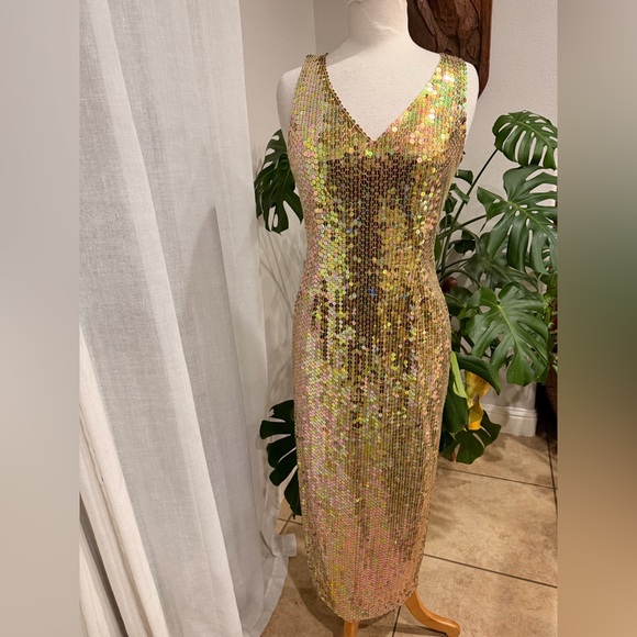 Vintage Adrianna Papell Gold Sequin Midi Dress Lace-Up Back Size 6